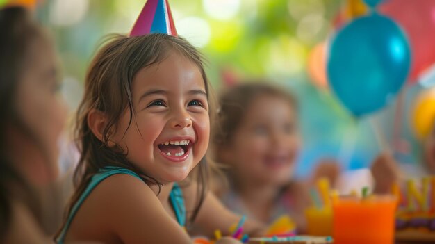 Foto uma cena alegre de crianças brincando e rindo juntas em uma celebração de aniversário