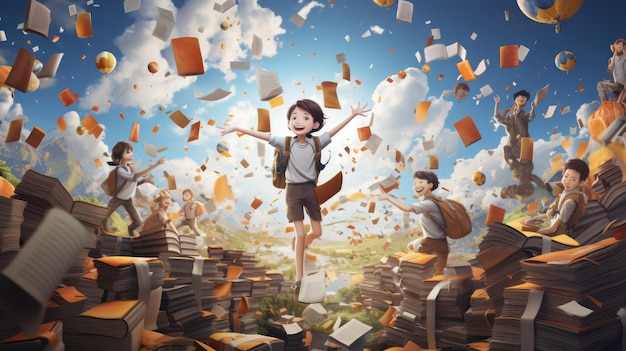 Uma cena alegre de crianças flutuando em um mar de livros