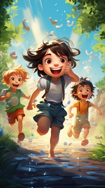 Uma cena alegre e divertida de crianças correndo por um aspersor em um quintal gramado
