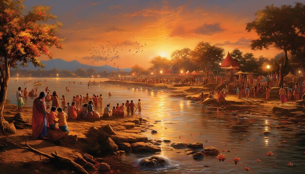 uma cena alegre em uma margem do rio durante Makar Sankranti com pessoas tomando mergulhos sagrados e crianças brincando