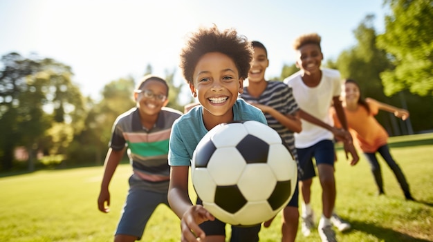 Uma cena alegre se desenrola quando um grupo diversificado de adolescentes de várias etnias joga futebol