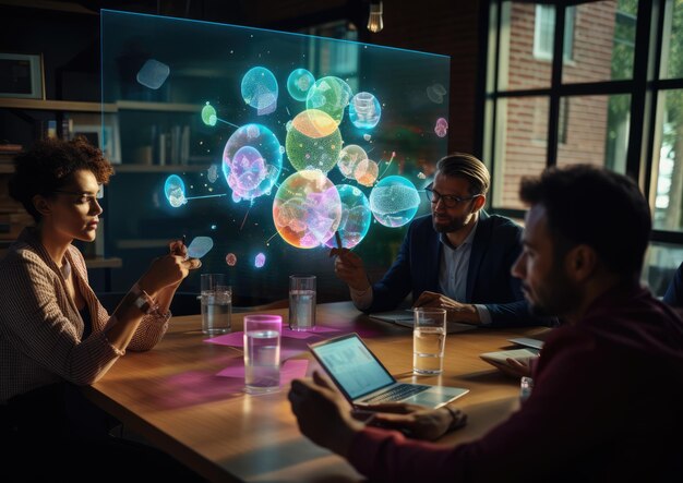 Uma cena animada de um assistente inteligente auxiliando um grupo de jovens empreendedores em uma sessão de brainstorming