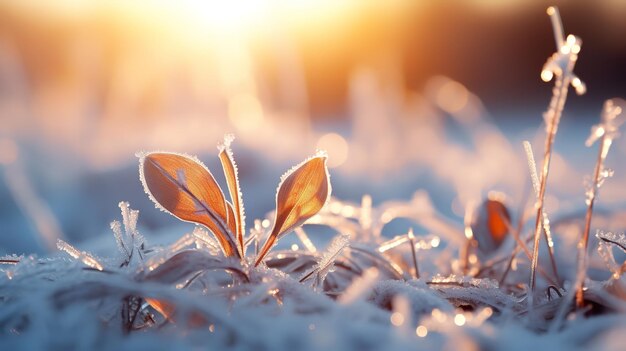 Uma cena ao ar livre durante o inverno com plantas congeladas com o chão coberto de neve iluminado pelo sol nascente IA generativa