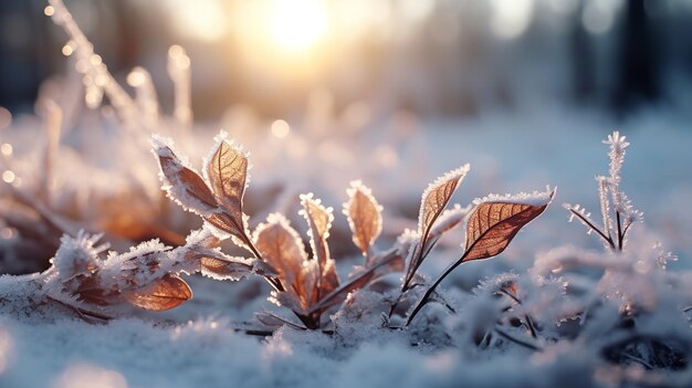 Uma cena ao ar livre durante o inverno com plantas congeladas com o chão coberto de neve iluminado pelo sol nascente IA generativa