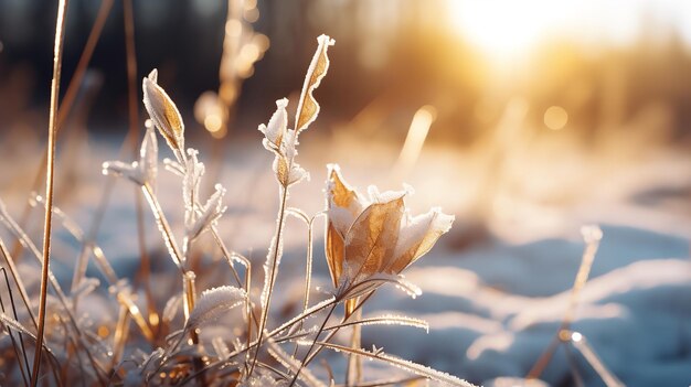 Uma cena ao ar livre durante o inverno com plantas congeladas com o chão coberto de neve iluminado pelo sol nascente IA generativa