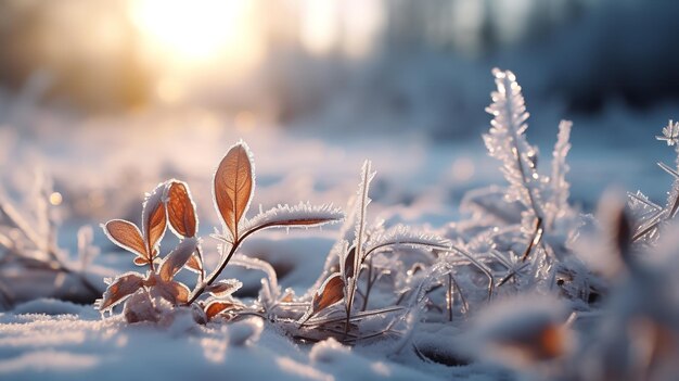 Uma cena ao ar livre durante o inverno com plantas congeladas com o chão coberto de neve iluminado pelo sol nascente IA generativa