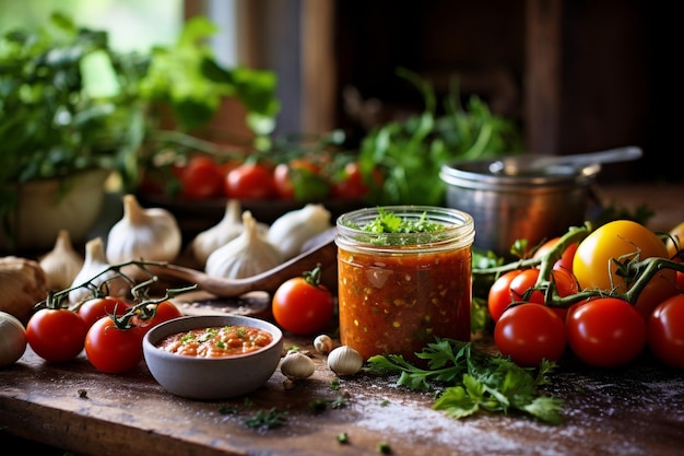 Uma cena ao ar livre rústica com uma tigela de salsa e tortilhas em uma mesa de madeira