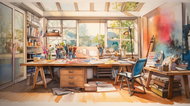 Uma cena artística de uma sala com uma mesa e muitos materiais de arte ai