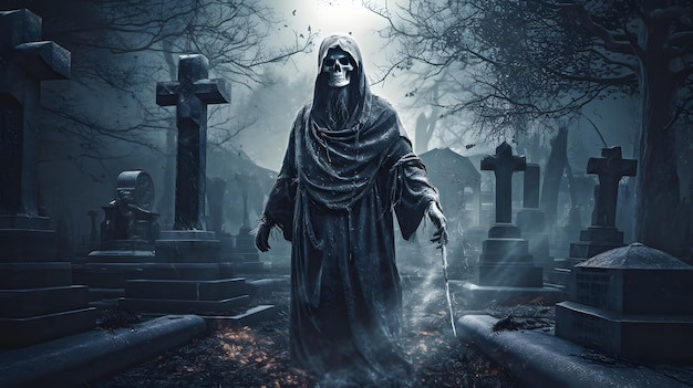 Uma cena assustadora com um ceifador em um cemitério.