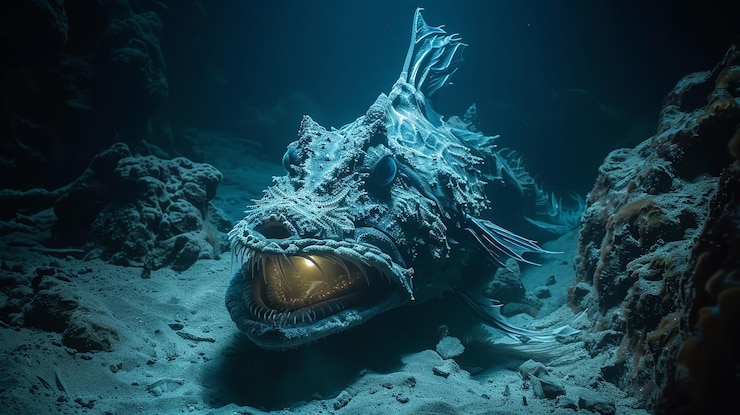 Foto uma cena assustadora de águas profundas com um peixe-angler luminescente atraindo a presa com seu apêndice brilhante em meio à escuridão assustadora das profundezas do oceano documentário e estética de revista