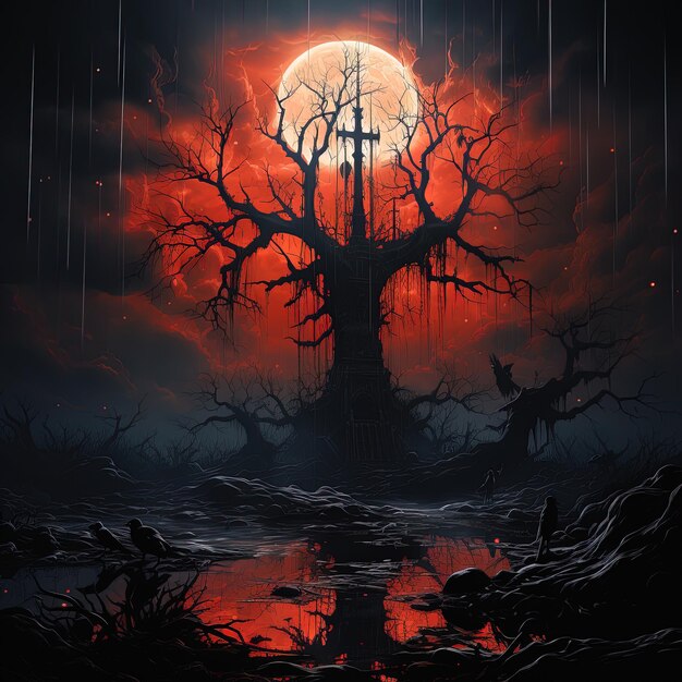 uma cena assustadora de uma árvore morta com uma cruz no topo