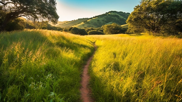 Uma cena calma e pitoresca de um prado iluminado pelo sol e colinas com um caminho que convida à exploração