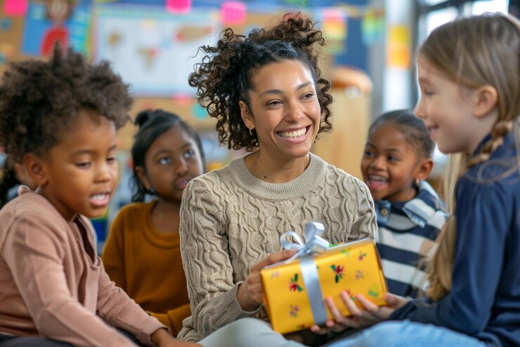 Foto uma cena calorosa e convidativa na sala de aula com alunos diversos apresentando presentes a um professor sorridente