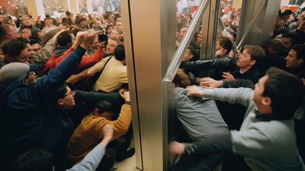 Uma cena caótica de compradores correndo pelas portas de uma loja na Black Friday