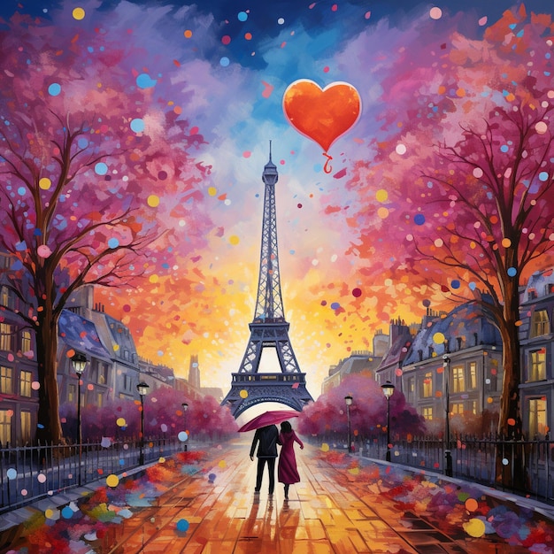 Uma cena caprichosa em Paris com a enorme Torre Eiffel colorida como um arco-íris