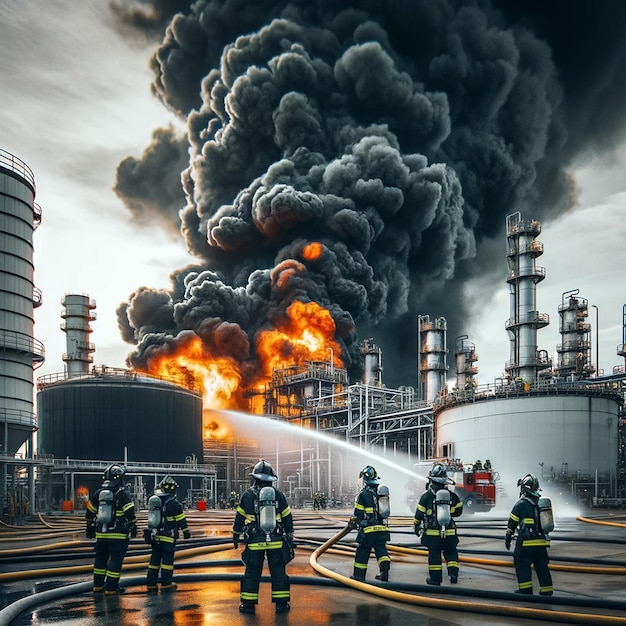 Foto uma cena catastrófica numa refinaria industrial de petróleo, uma explosão que levou a um grande incêndio.