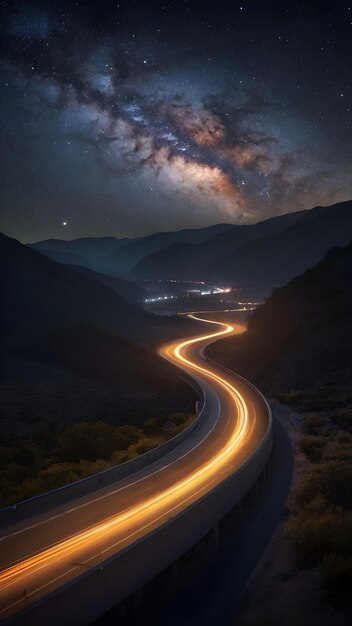 Uma cena cativante com trilha de luz ao longo da rodovia curva e hipnotizante Via Láctea acima
