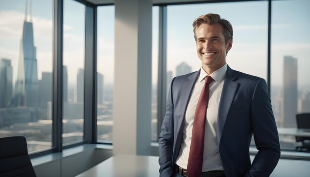 uma cena cativante de um empresário em um escritório moderno sorrindo com confiança