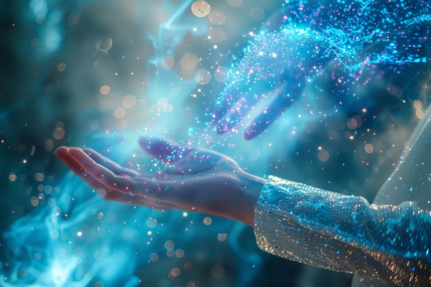 Uma cena cativante de uma mulher estendendo a mão para tocar uma esfera radiante em um ambiente vívido imbuído de uma sensação de magia e intriga