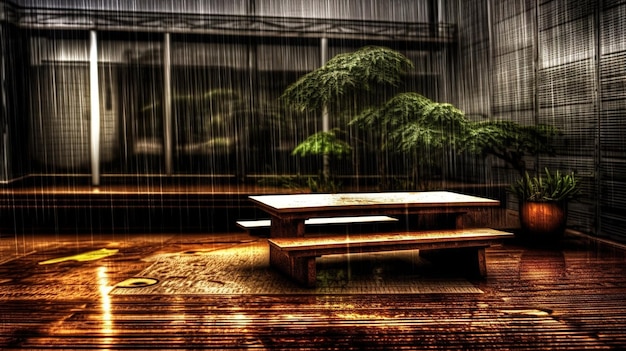 Uma cena chuvosa com uma mesa e uma árvore ao fundo.