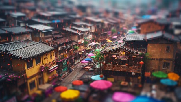 Foto uma cena chuvosa com uma pequena cidade e guarda-chuvas coloridos.