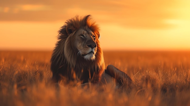 Foto uma cena cinematográfica cativante de um leão majestoso descansando em paz na hipnotizante savana africana iluminada pelos tons dourados de um pôr-do-sol deslumbrante