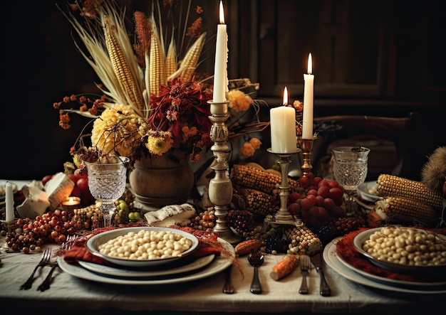 Foto uma cena cinematográfica de uma mesa de festa de ação de graças elegantemente decorada com peças centrais de palha de milho gol