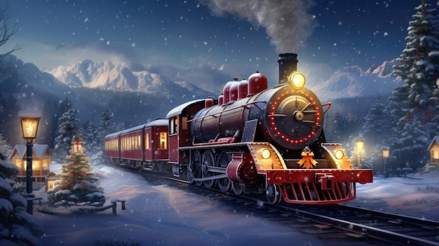 Uma cena coberta de neve com um trem para uma ilustração festiva de Natal