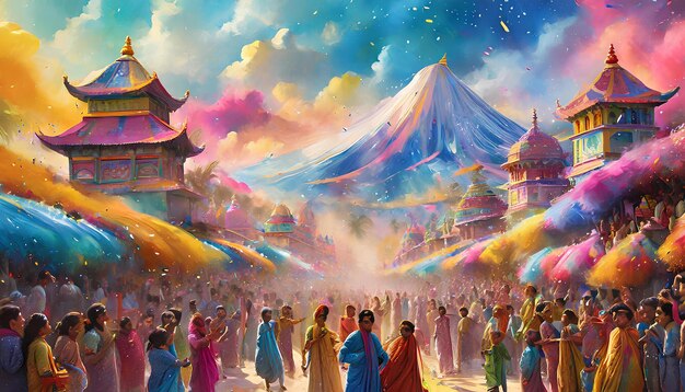 uma cena colorida com uma grande multidão de pessoas na frente de uma grande tenda