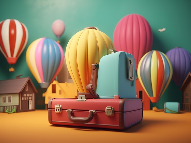 Uma cena colorida com uma mala e uma casa ao fundo.