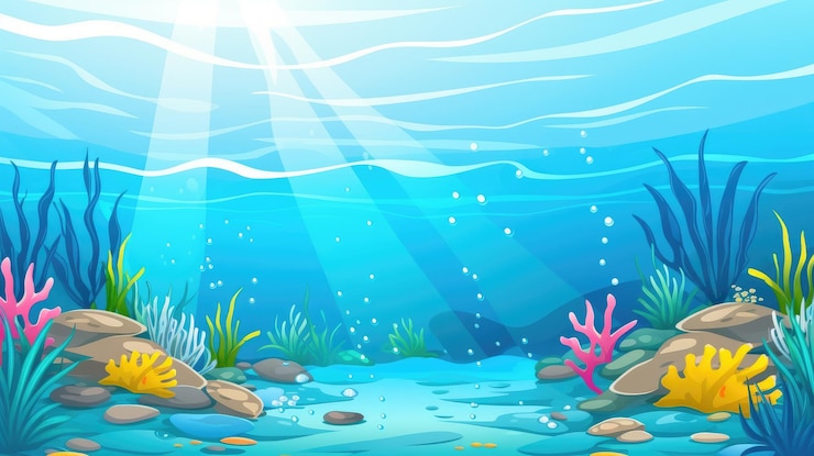 Foto uma cena colorida de desenho animado debaixo d'água com peixes e corais