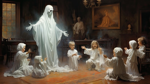 uma cena com um fantasma e um fantasma de jesus ao fundo.