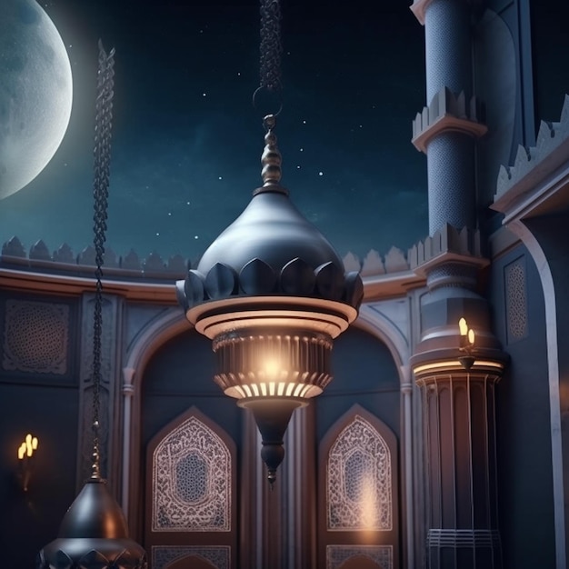 Uma cena com uma lâmpada no meio de uma sala com uma lua ao fundo Mesquita Ramadan Kareem