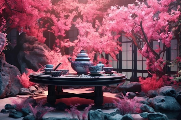 Uma cena com uma mesa e um bule com flores rosas ao fundo.