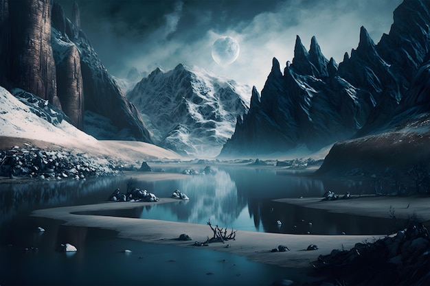 Uma cena com uma montanha e um lago com uma lua no céu