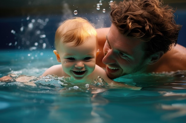 Uma cena comovente de um homem segurando seu bebê enquanto eles gostam de nadar em uma piscina juntos lição de natação para bebê AI Gerado