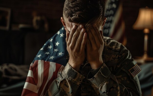 Uma cena comovente de um jovem soldado em perigo com as mãos cobrindo o rosto e a bandeira americana envolvida nele.
