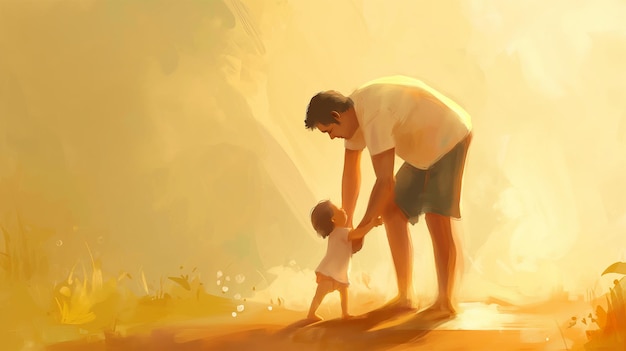 Uma cena comovente de um pai encorajando os primeiros passos de seus filhos contra um fundo suave e quente