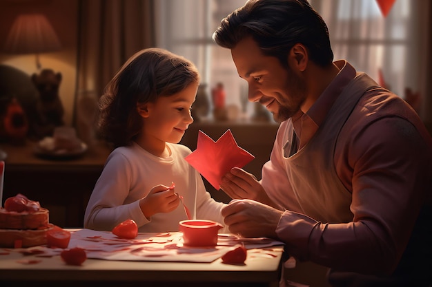 uma cena comovente de um pai ensinando uma criança a criar cartões de Dia dos Namorados feitos à mão