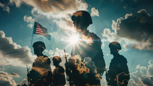 Foto uma cena comovente de uma silhueta de soldados sobreposta a um campo de lápides adornadas