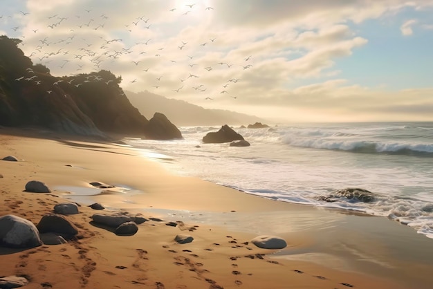 Uma cena costeira pacífica com uma praia de areia caindo no mar IA generativa