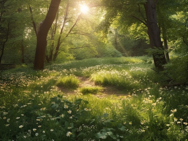 Uma cena da floresta com um sol brilhando por entre as árvores.