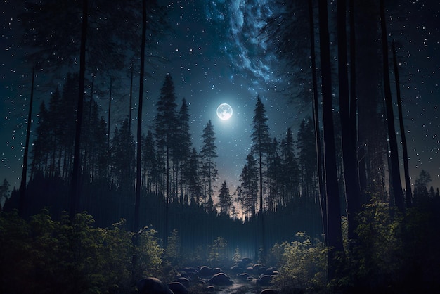 Uma cena da floresta com uma lua no céu