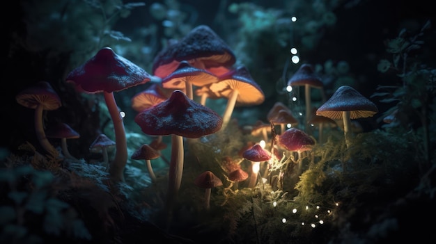 Uma cena da floresta escura de cogumelos