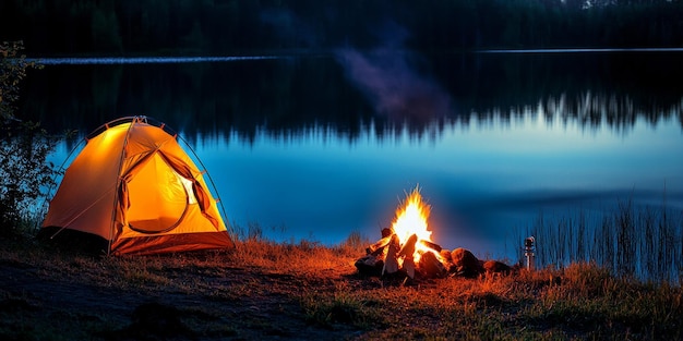 Uma cena de acampamento tranquila à beira do lago com uma fogueira brilhante uma tenda montada à beira da água e uma luz de estrelas