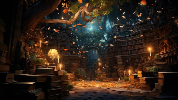 Uma cena de biblioteca mágica com livros flutuantes criaturas caprichosas