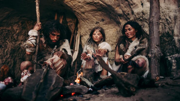 Foto uma cena de caverna com pessoas sentadas ao redor de uma fogueira e um homem das cavernas sentado ao redor de uma fogueira.