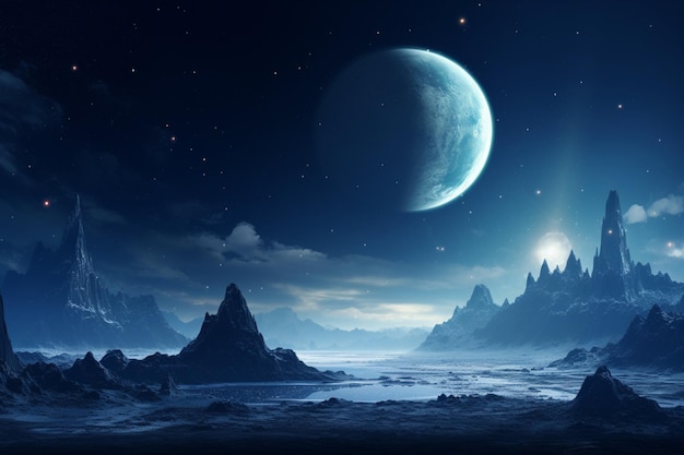 Uma cena de ciência espacial é retratada à noite