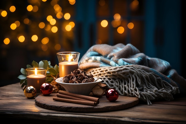 Uma cena de cobertores macios, bebidas quentes e velas capturando a essência de um ambiente de férias aconchegante e descontraído