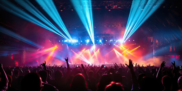 Foto uma cena de concerto eletrizante capturada da perspectiva do público mostrando um local de tamanho médio lotado com um palco iluminado por luzes brilhantes